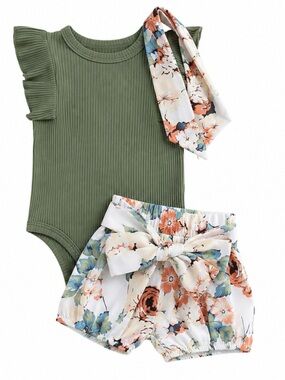 9-12mo Olive Green Ribbed Bodysuit & Floral Shorts Set with Headband